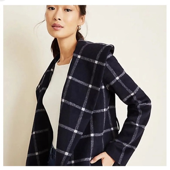 ANN TAYLOR 💙NAVY BLUE & WHITE🤍 WINDOWPANE PATTERN WOOL WRAP COAT SIZE L🌟NWT🌟 - Picture 8 of 17